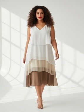 Tendency Tiered Chiffon Midi Dress Ombre Colorblock Size 4XL